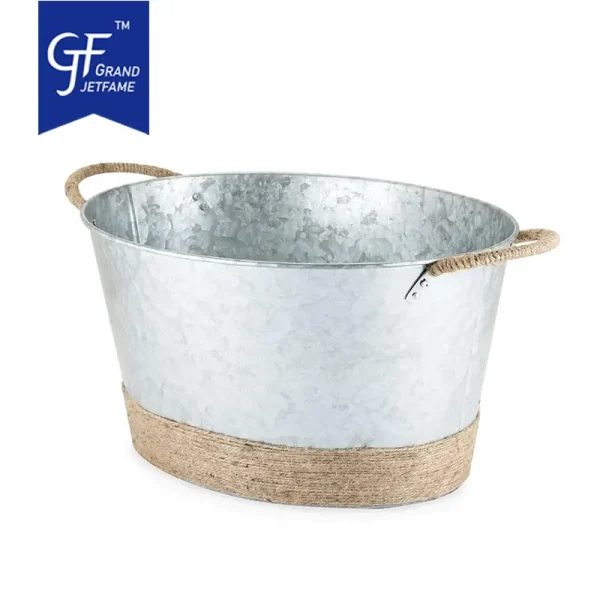 Wholesale Rope Wrapped Farmhouse Ice Metal Beverage Wine Bottle Bucket Tub1
