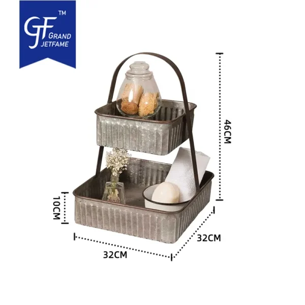 Galvanized Metal Two Tire Corrugated Tray with Handle Square Tray1