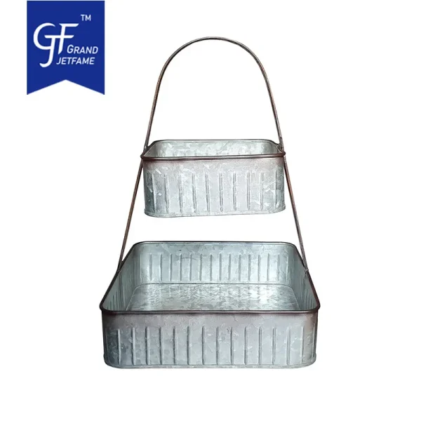 Galvanized Metal Two Tire Corrugated Tray with Handle Square Tray2
