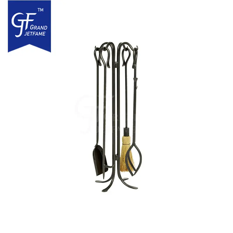 5 Piece Fireplace Tool Set with Poker, Shovel, Pliers, Brush, Stand for Outdoor Indoor Chimneys, Stoves, Braziers