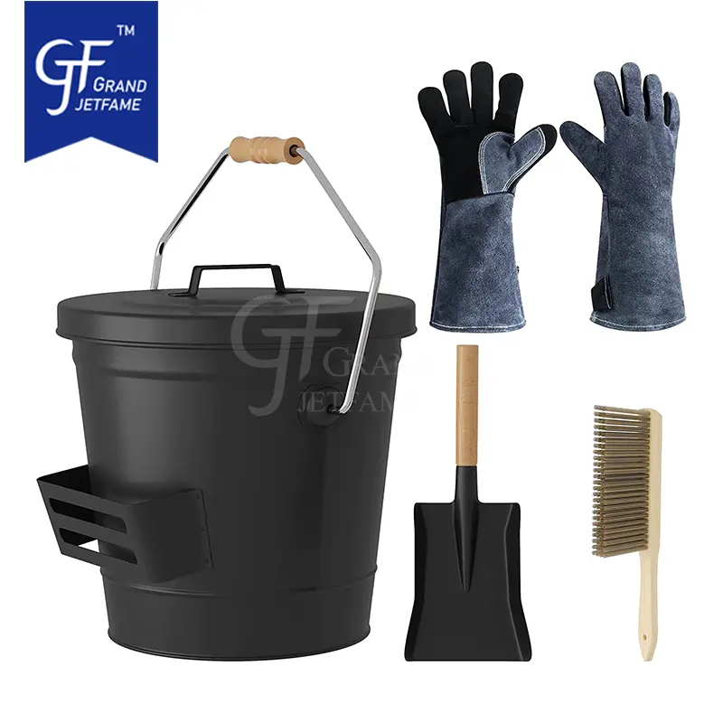 Black metal ash Bucket with lid and Shovel set