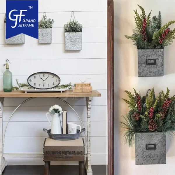 Galvanized hanging plant pot primary color pickling Metal Wall Planters Set of 3 flower bucket3