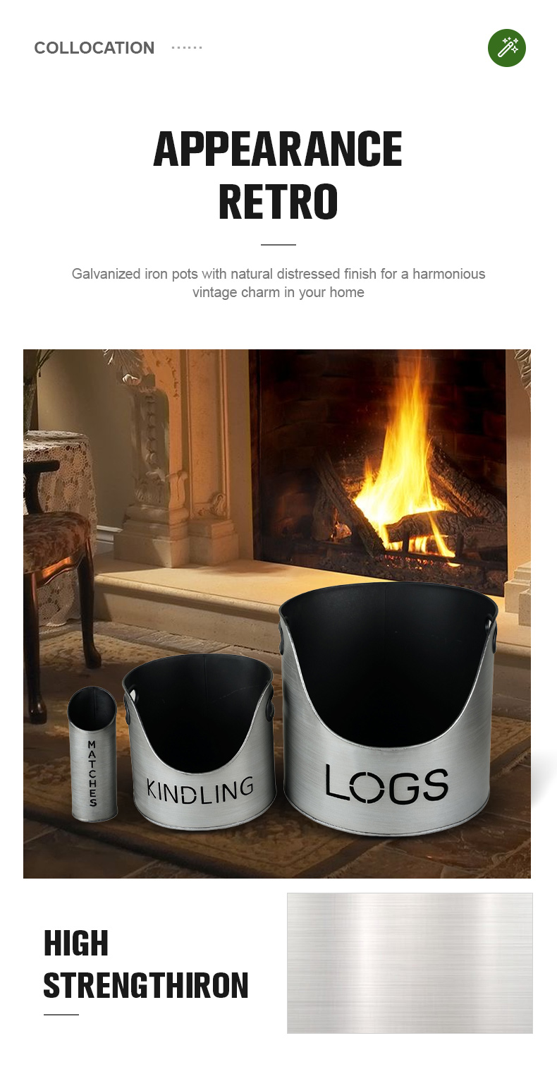 High Quality Metal Firewood Tools Bucket Black Iron Coal Ash Bucket Fireside Metal Storage Set