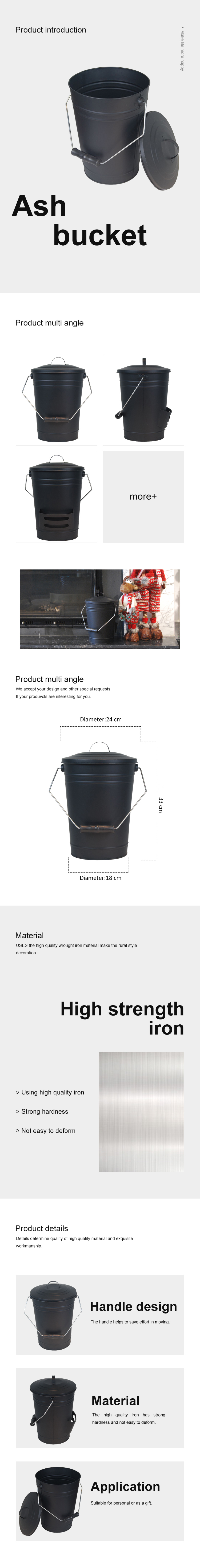 Black Ash Bucket with Lid Galvanized Fireplace Metal Bucket ash can Iron Ash Bucket for Fireplace