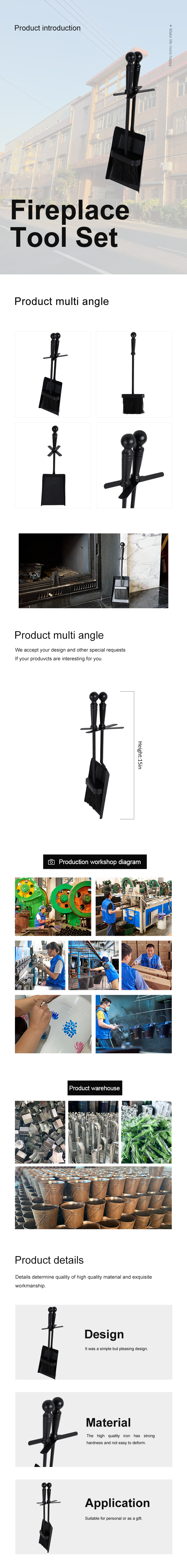 15 inch Heavy Duty Steel Fireplace Tool Set Shovel and Brush 2pcs