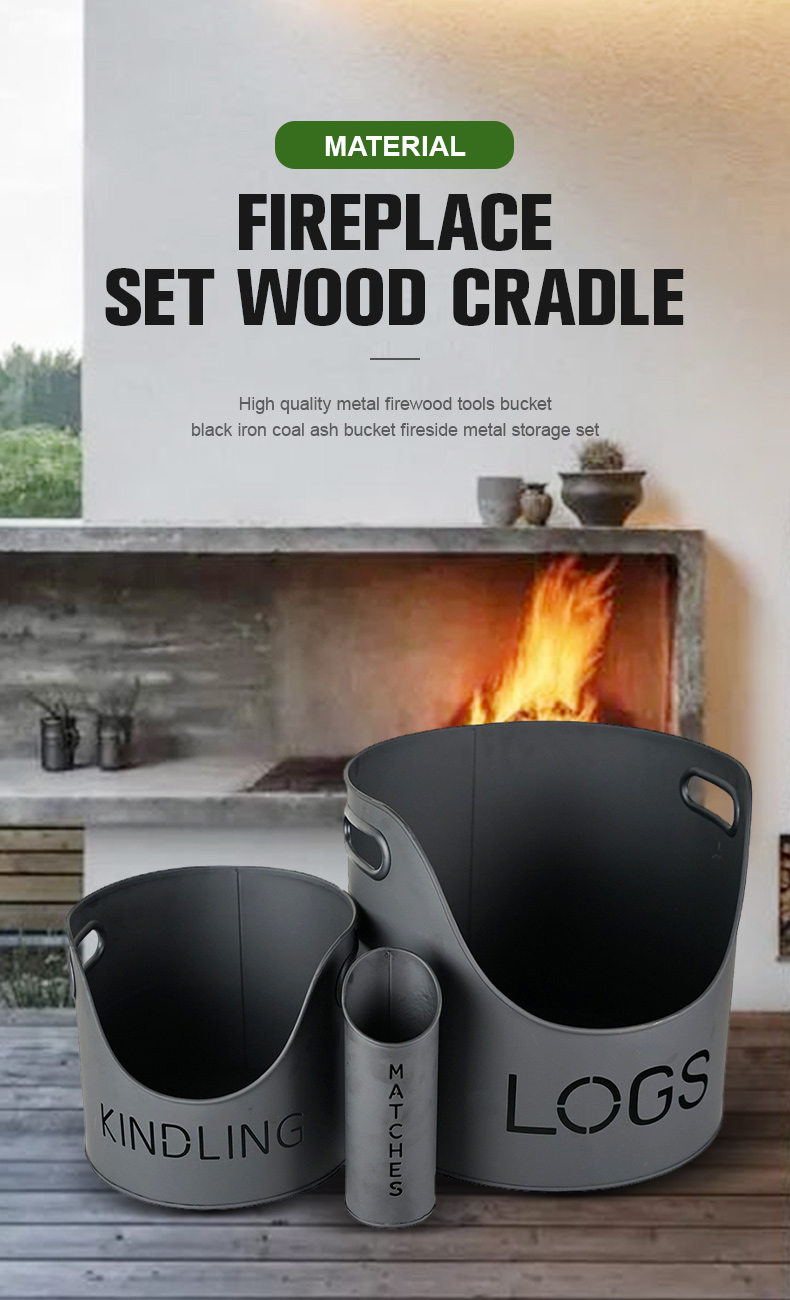 High Quality Metal Firewood Tools Bucket Black Iron Coal Ash Bucket Fireside Metal Storage Set